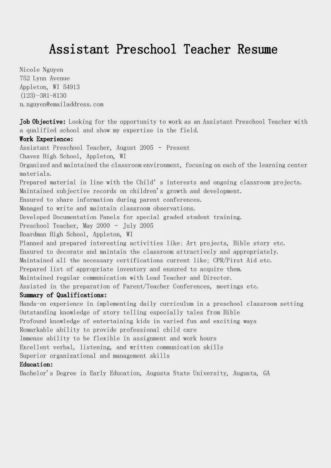 Special education assistant teacher resume